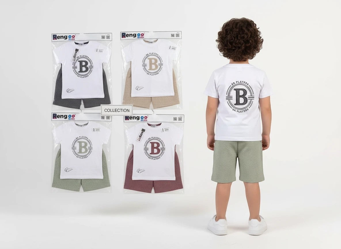 The Nile Luxuries boys' summer outfit set with white graphic t-shirt and textured shorts worn by a young boy.