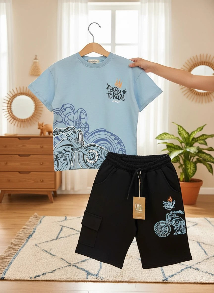 The Nile Luxuries boys' light blue graphic t-shirt and black cargo shorts set with Born to Ride motorcycle print.