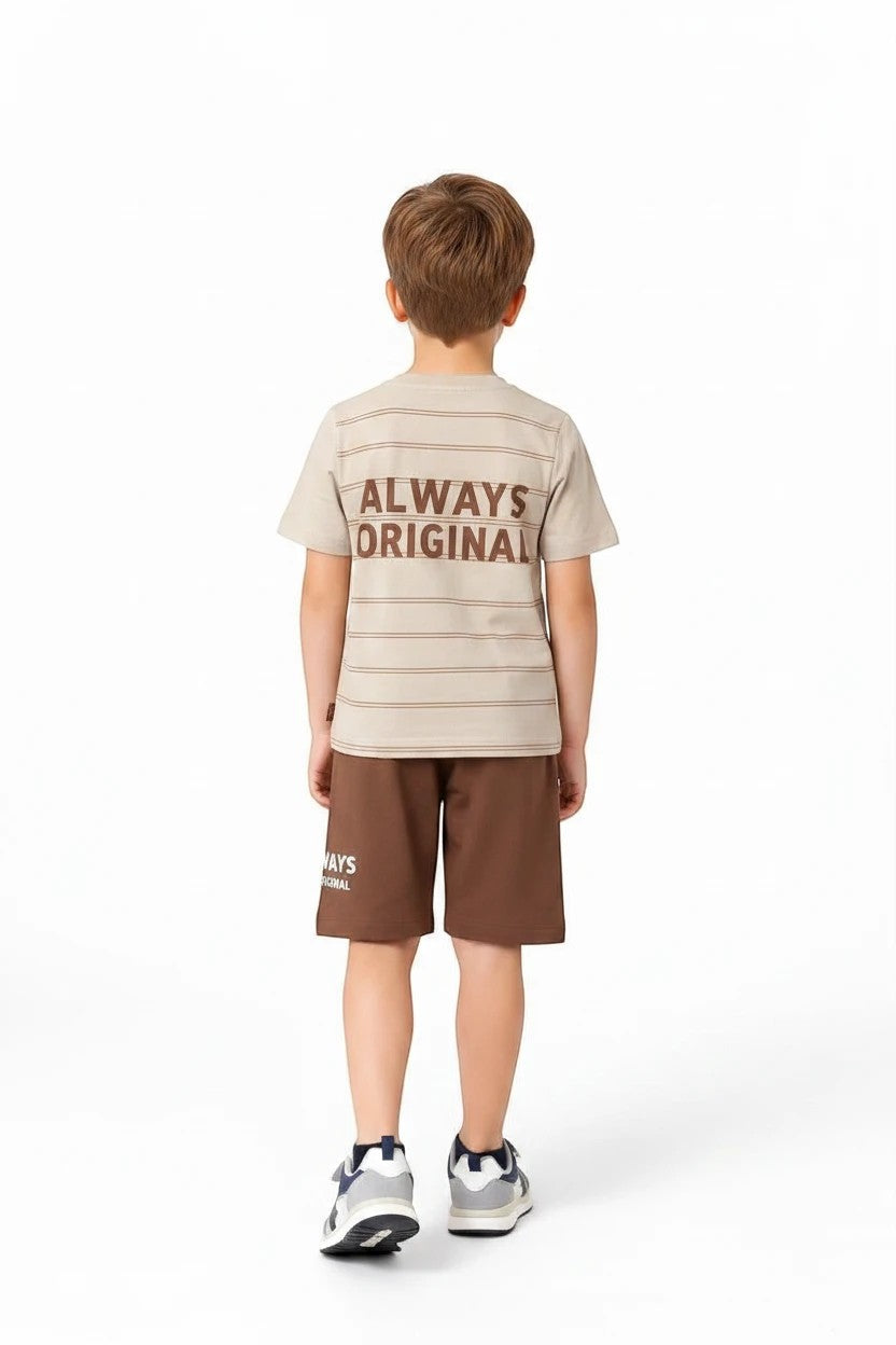 The Nile Luxuries boys beige striped t-shirt with Always Original graphic and brown shorts set for active play.