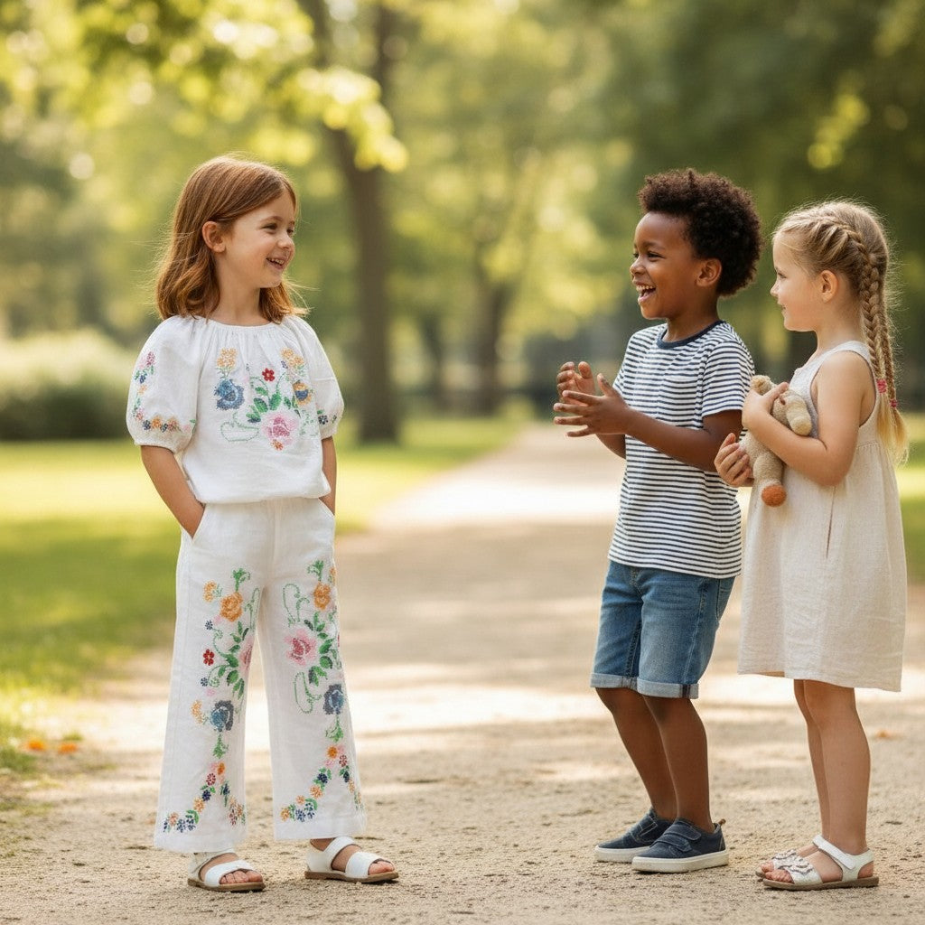 The Nile Luxuries white linen blend set for girls: off-shoulder cropped top with puff sleeves and wide-leg pants, both with colorful floral cross-stitch embroidery.