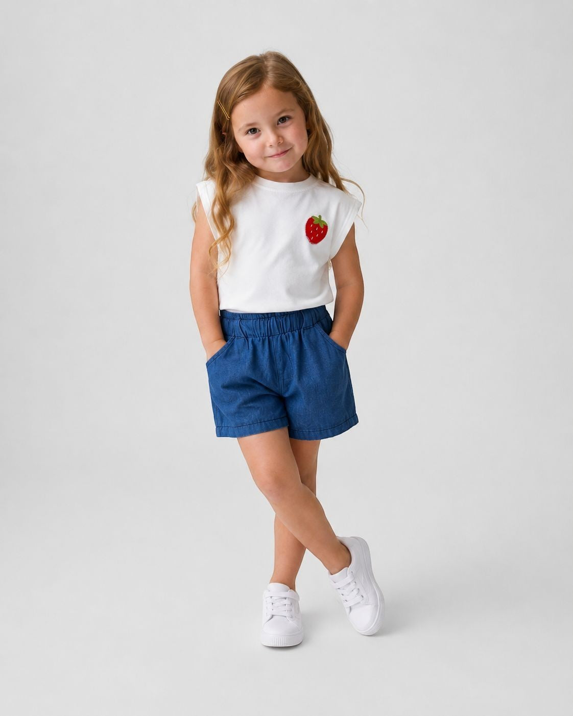 The Nile Luxuries Girls white sleeveless top with embroidered strawberry graphic and blue denim shorts set.