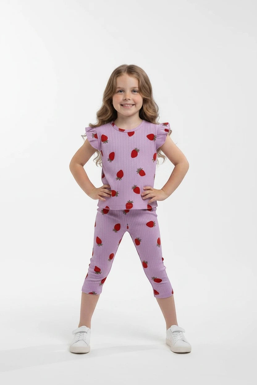 The Nile Luxuries girl's lavender ribbed lounge set with strawberry print, flutter sleeves, and cropped leggings.