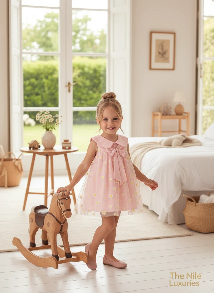 The Nile Luxuries pink tulle dress for girls featuring daisy embroidery, a Peter Pan collar, and a large bow detail.