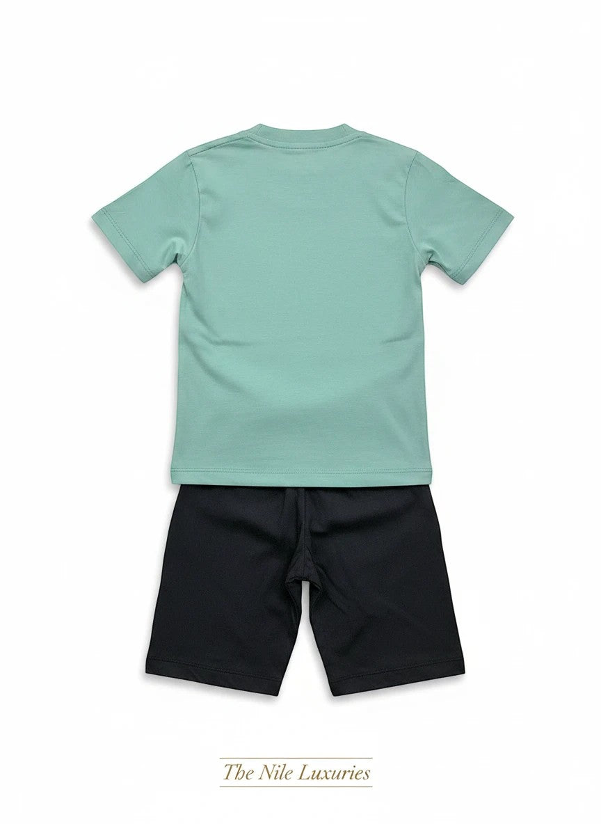 The Nile Luxuries toddler two-piece set featuring a sage green short-sleeved t-shirt and black shorts, back view.