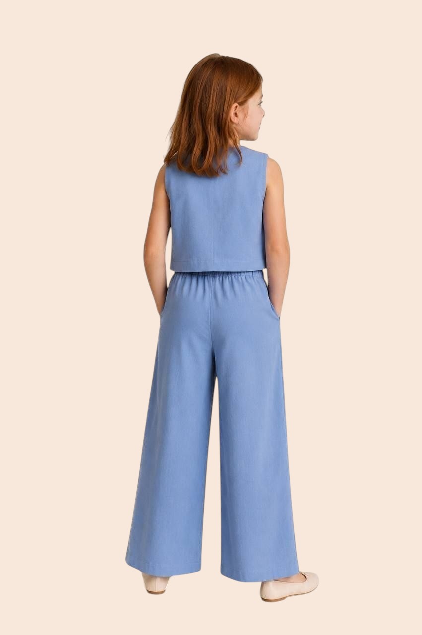 The Nile Luxuries sky blue linen-blend sleeveless vest and wide leg pants set with floral embroidery.