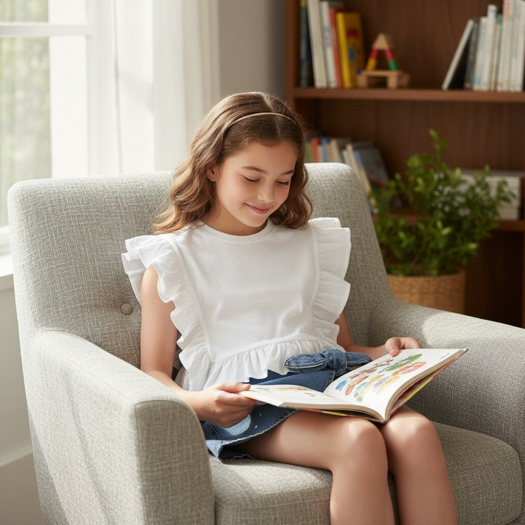 The Nile Luxuries white cotton peplum top with ruffled sleeves and denim wrap skirt with tie detail.