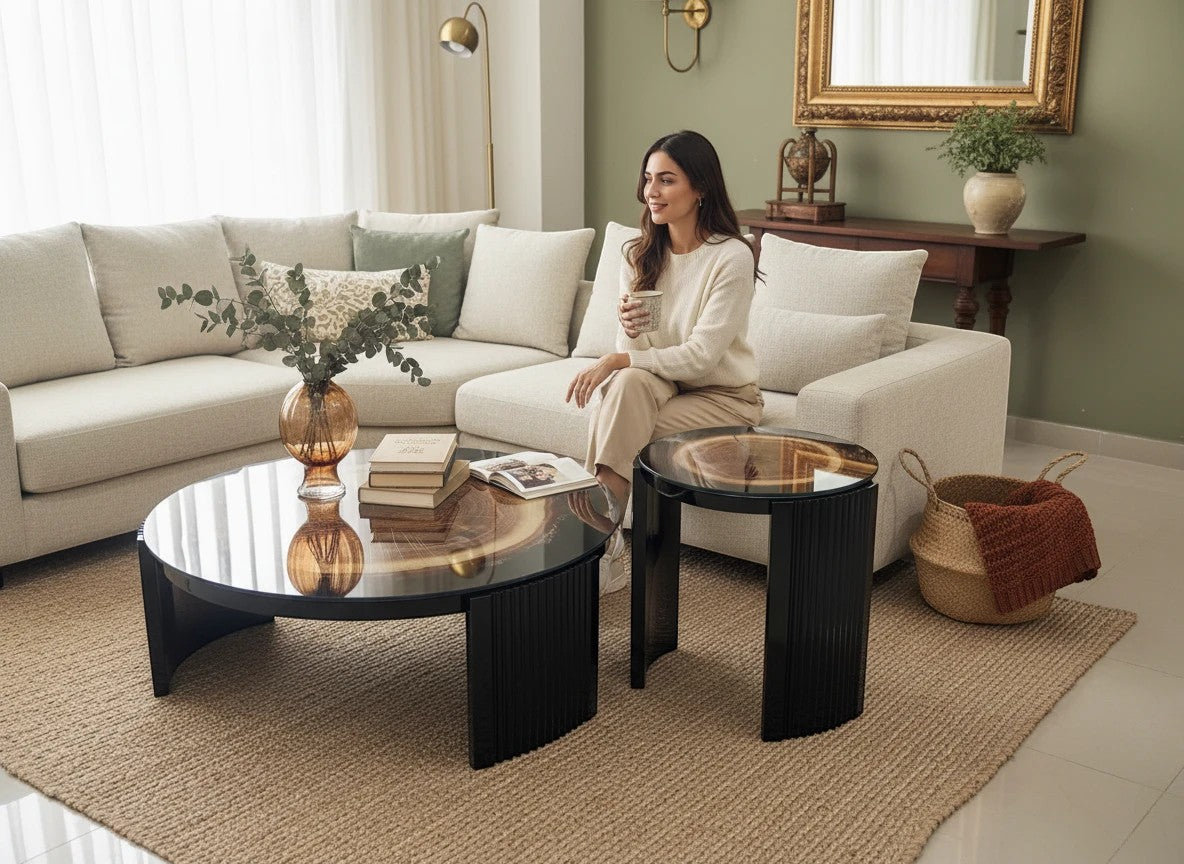 The Nile Luxuries rustic wood slice coffee table set with fluted pedestal bases in matte black finish.