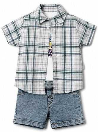 Toddler Boy Plaid Shirt and Denim Short Set