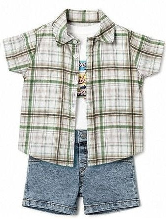 Toddler Boy Plaid Shirt and Denim Short Set
