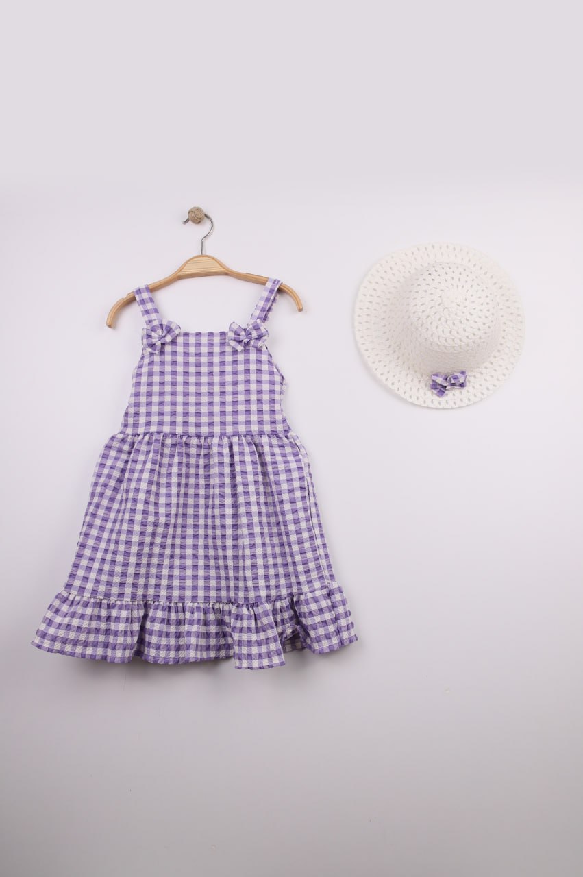 Girls Gingham Ruffle Dress And Hat Set