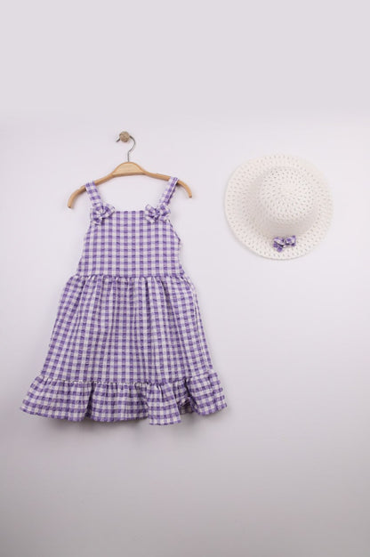 Girls Gingham Ruffle Dress And Hat Set