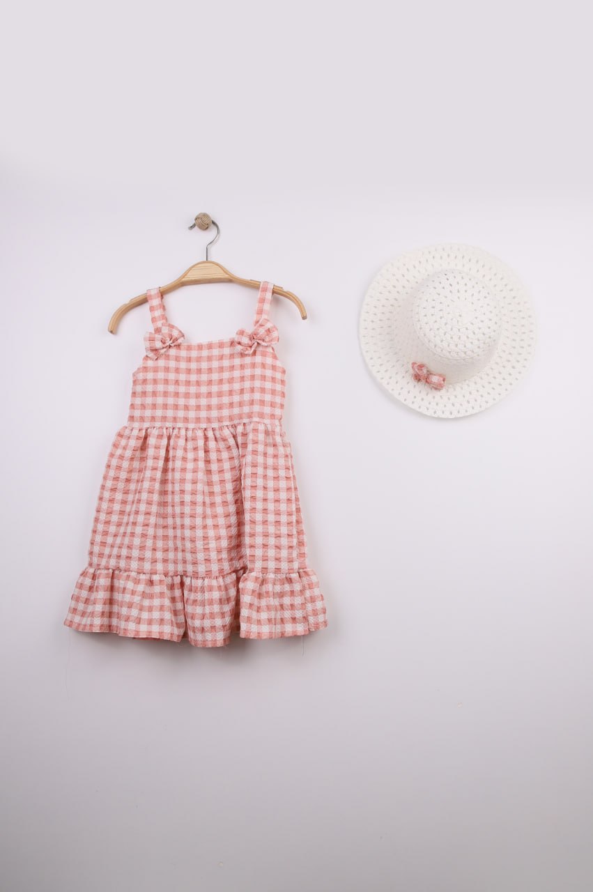 Girls Gingham Ruffle Dress And Hat Set