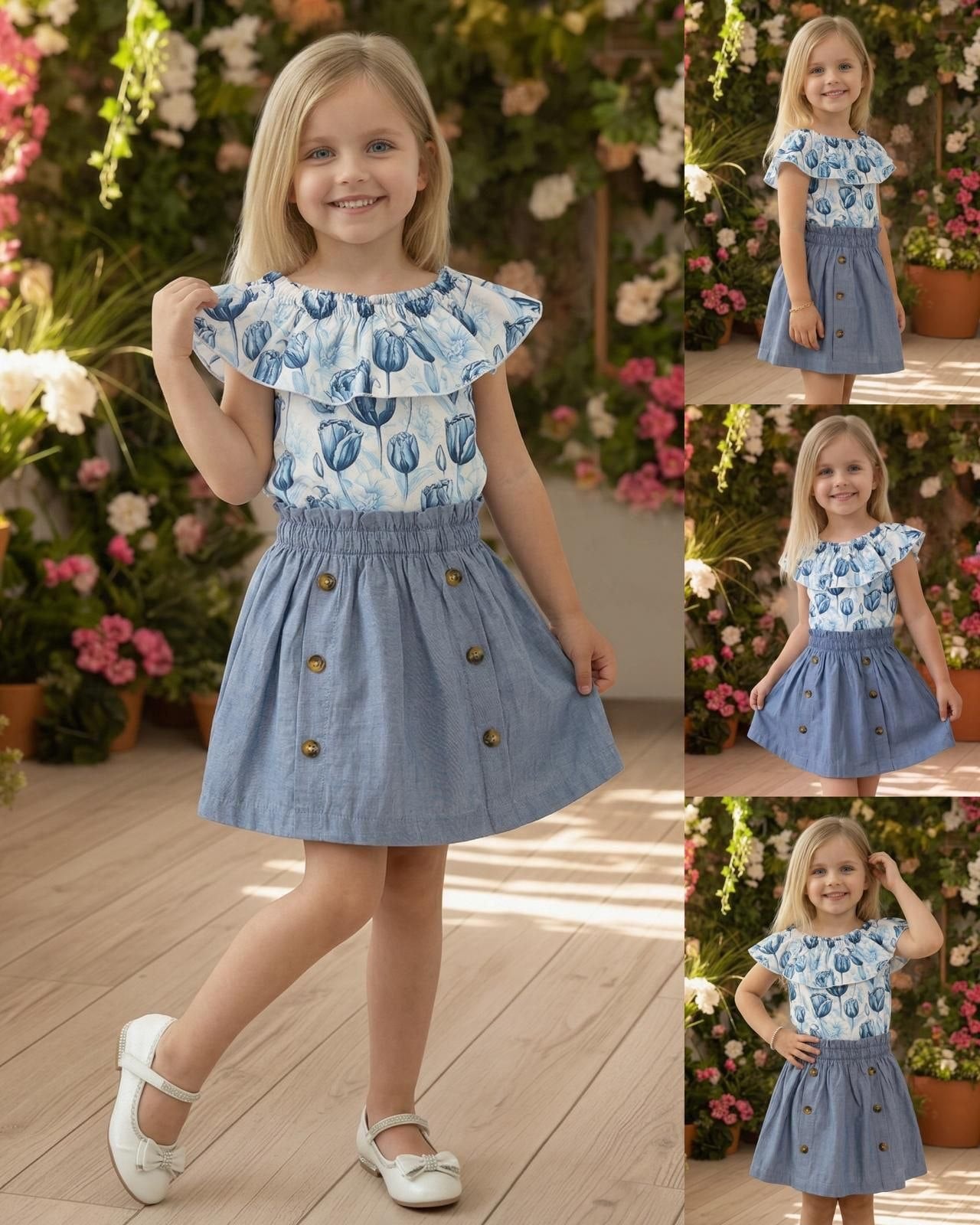 Girls Floral Print Ruffle Top And Button Skirt Set