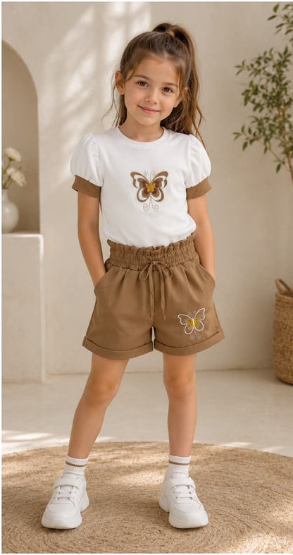 Girls Butterfly Embroidered T-Shirt and Shorts Set