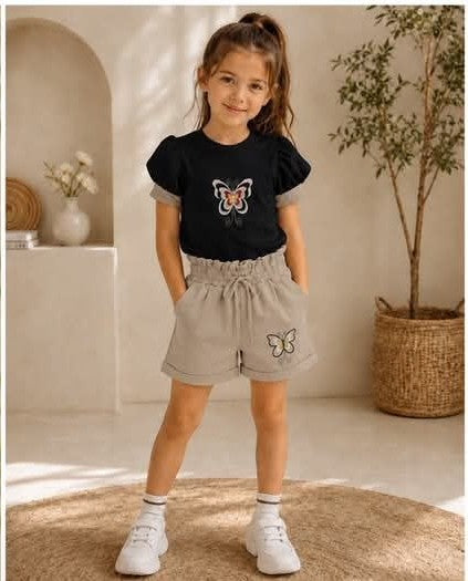 Girls Butterfly Embroidered T-Shirt and Shorts Set
