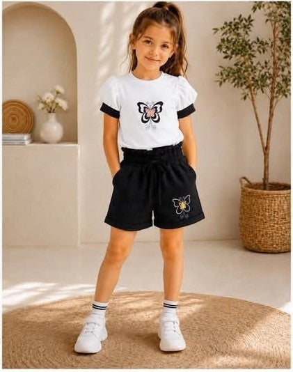 Girls Butterfly Embroidered T-Shirt and Shorts Set