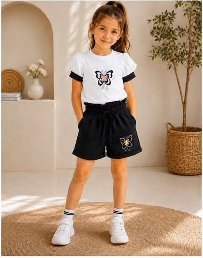 Girls Butterfly Embroidered T-Shirt and Shorts Set