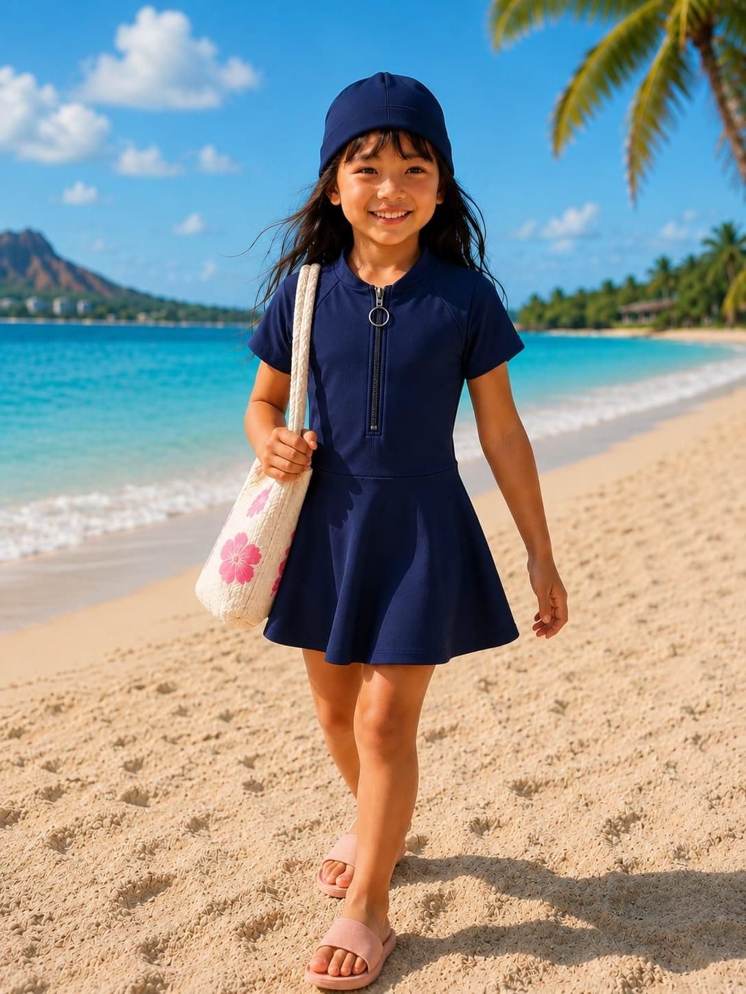 Young girl in a navy dress and hat standing on a beach with palm trees and mountains in the background.
