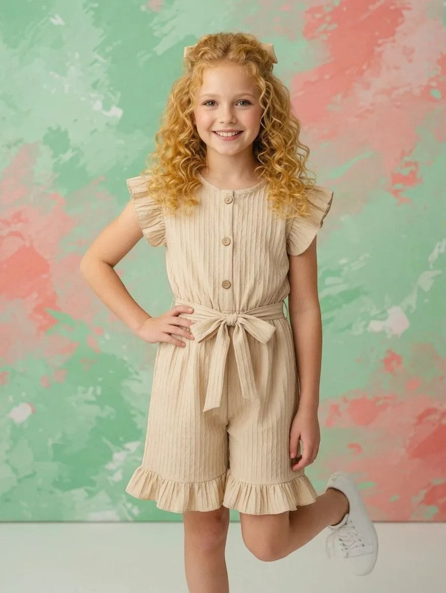 Girls Ruffled Sleeve Jumpsuit With Belt