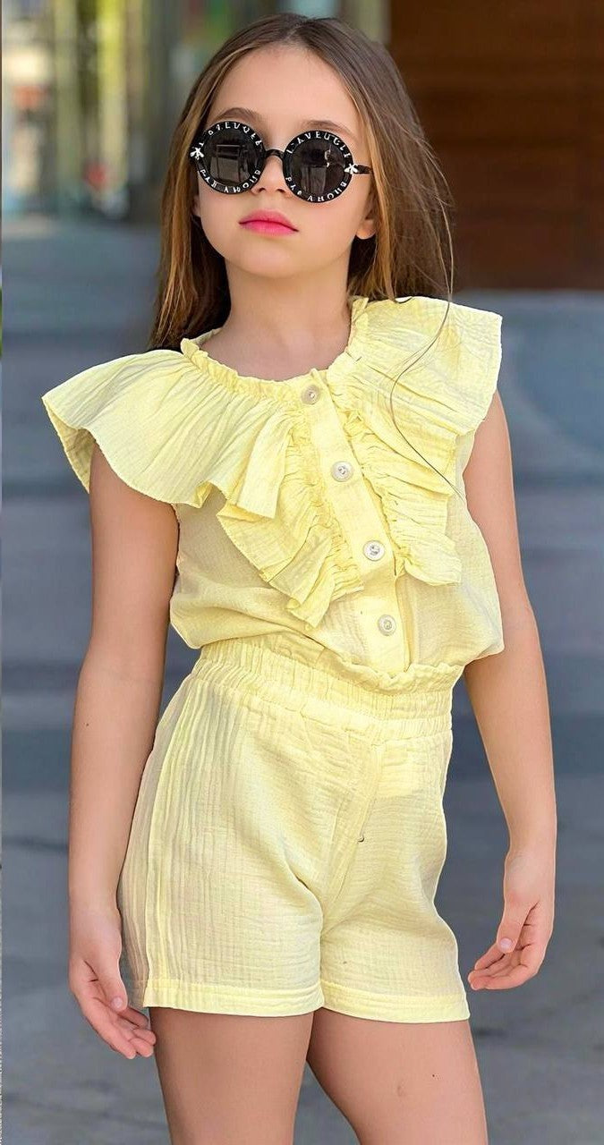 Girls Ruffled Button Front Top And Shorts Set