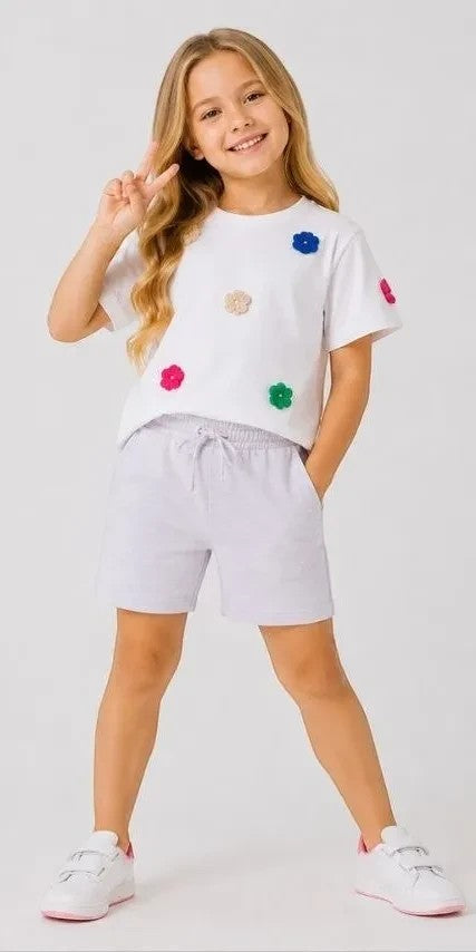 Girls Floral Applique T-Shirt And Shorts Set