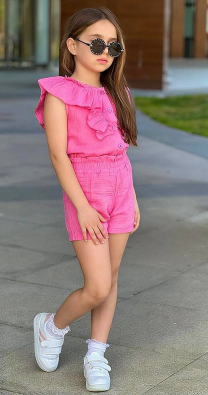 Girls Ruffled Button Front Top And Shorts Set