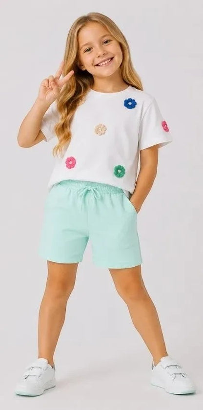 Girls Floral Applique T-Shirt And Shorts Set