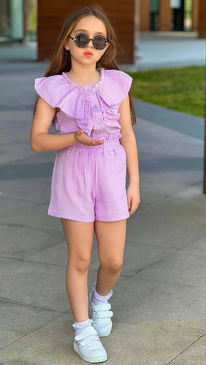 Girls Ruffled Button Front Top And Shorts Set