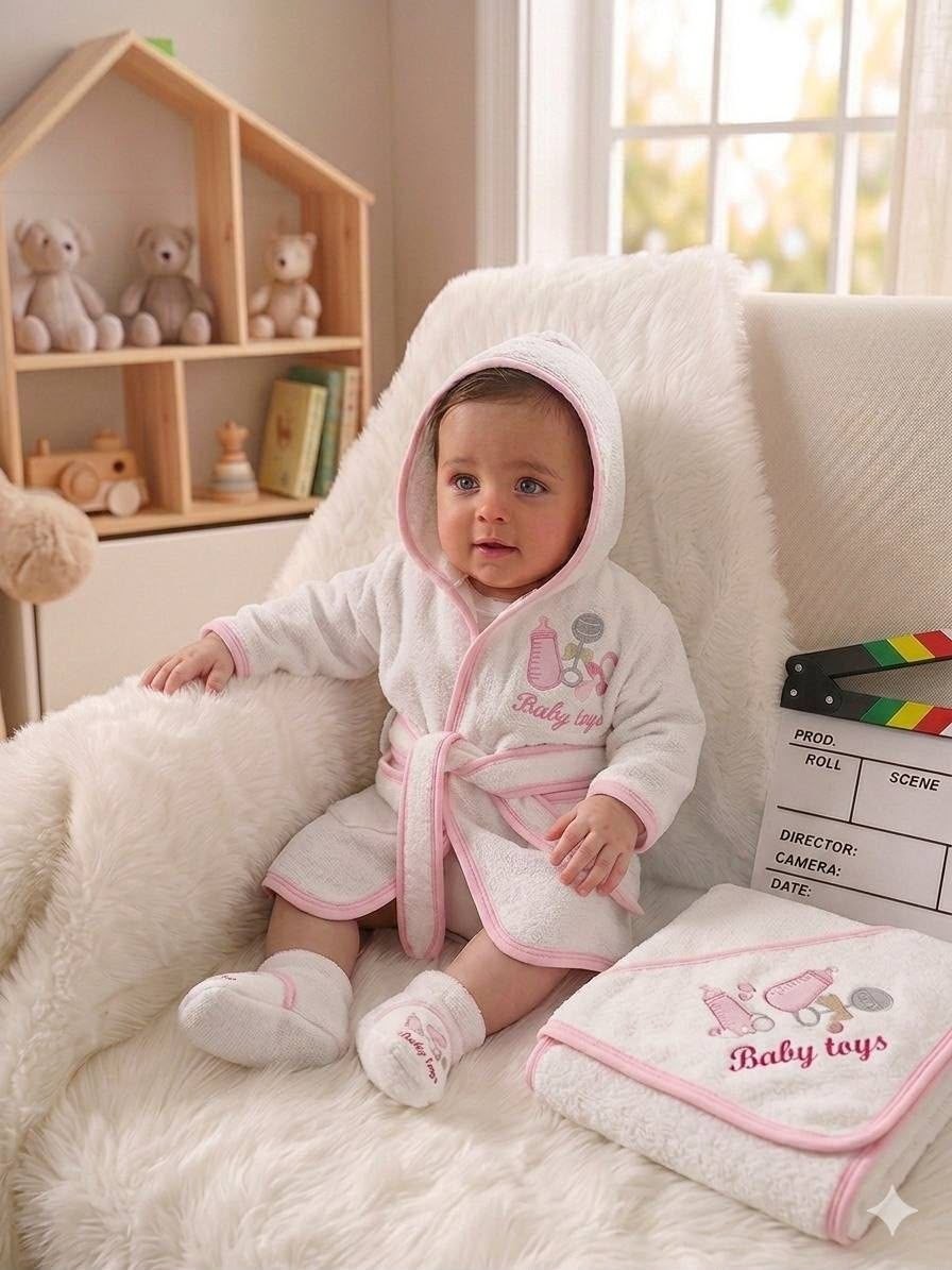 Baby wearing a white hooded bathrobe with pink trim and Baby toys embroidery by The Nile Luxuries on a plush chair.