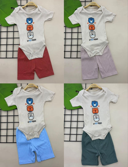 The Nile Luxuries baby bodysuit and shorts set in ribbed knit, featuring a bear graphic and available in red, lavender, blue, and teal.