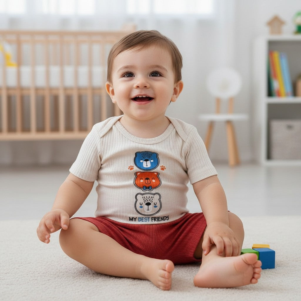 The Nile Luxuries baby boys ribbed knit short sleeve bodysuit with stacked bear graphic and shorts set in cream and rust.