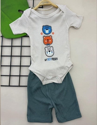 The Nile Luxuries baby boys ribbed knit short sleeve bodysuit with stacked bear graphic and shorts set in cream and teal.