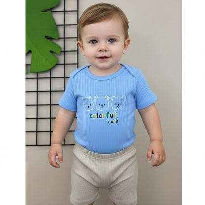The Nile Luxuries blue ribbed knit baby bodysuit with bear print and beige ribbed shorts. Short sleeves, snap closure.