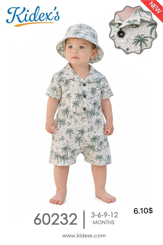 Baby boy wearing The Nile Luxuries tropical palm tree print romper and matching bucket hat in off-white and green.