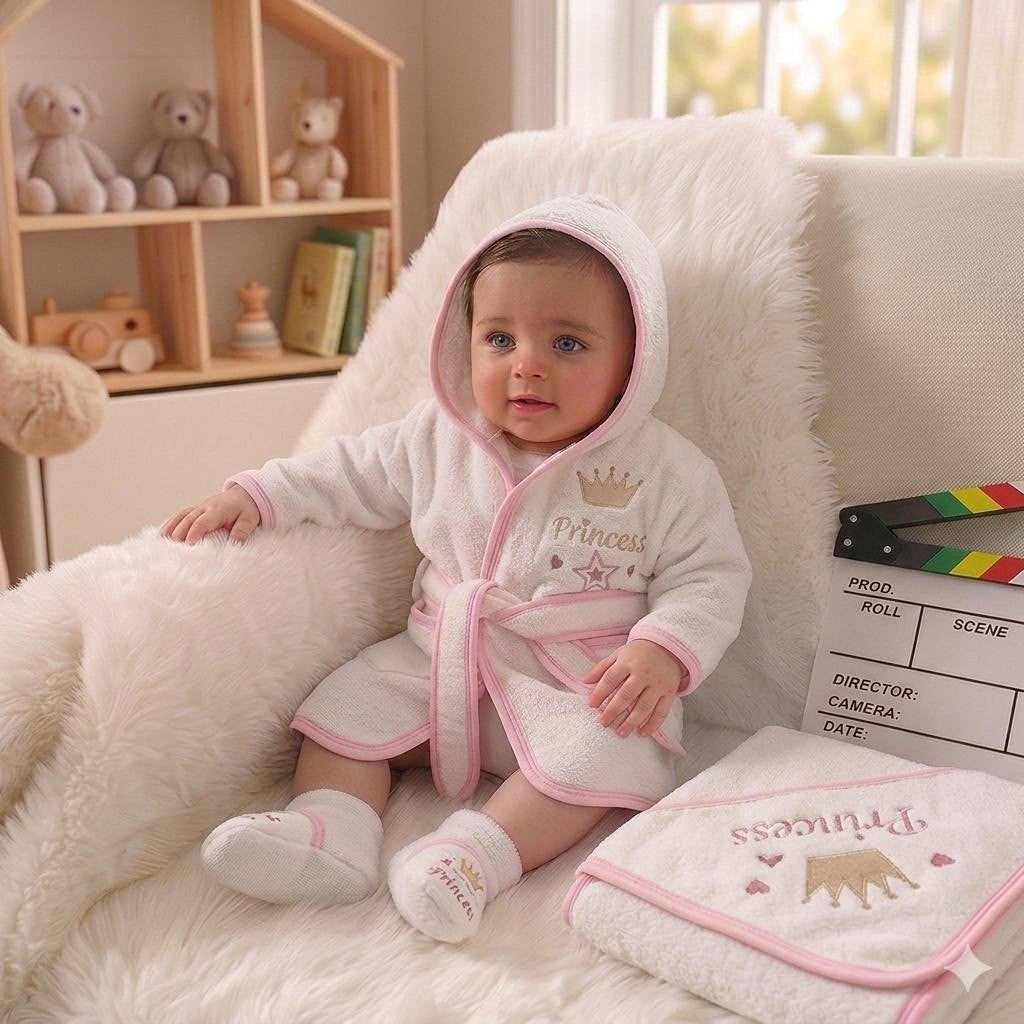 The Nile Luxuries baby wearing a white hooded bathrobe with pink trim and Princess embroidery, sitting on a rug.