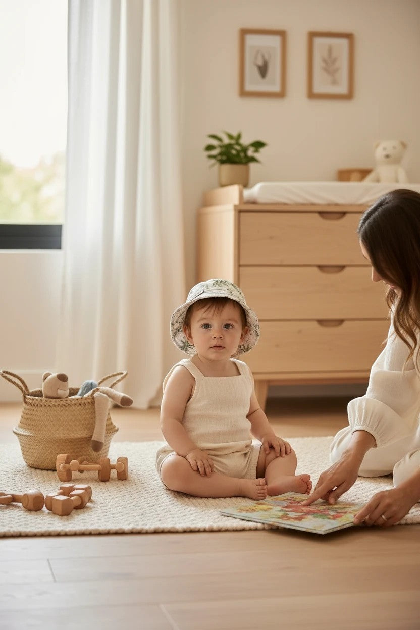 The Nile Luxuries baby romper and bucket hat set in off-white with palm print, worn by a toddler in a nursery.