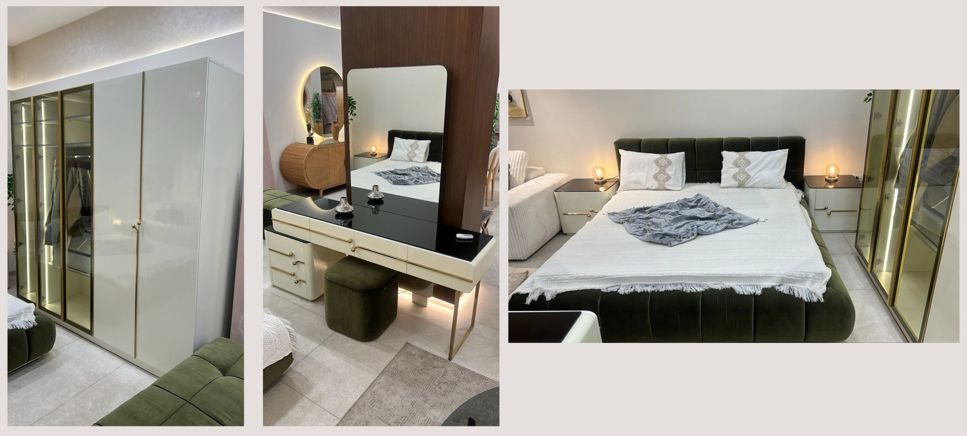 The Nile Luxuries modern bedroom set: high-gloss cream wardrobe with gold hardware & glass doors, vanity with black glass top, and olive green ottoman.