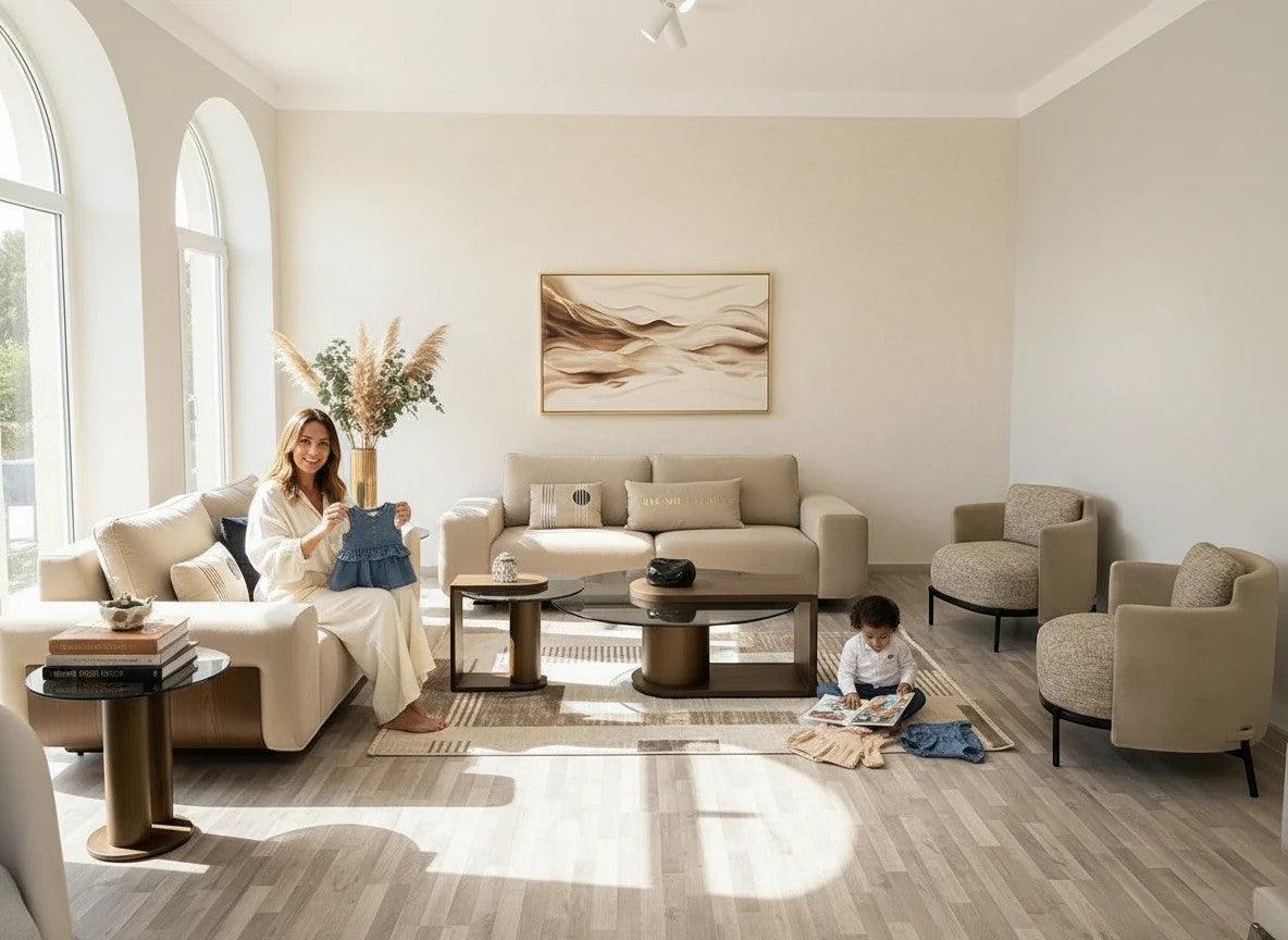 The Nile Luxuries neutral beige fabric sofa set with wooden accents, two textured accent chairs, and dark wood coffee table with glass top.