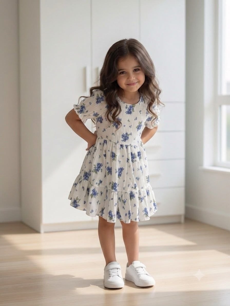 A young girl wearing The Nile Luxuries white tiered dress with a blue floral print, puff sleeves, and white sneakers.