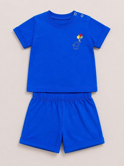 The Nile Luxuries toddler blue short sleeve shirt and shorts set with an embroidered elephant and balloon design.