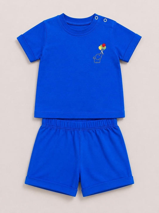 The Nile Luxuries toddler blue short sleeve shirt and shorts set with an embroidered elephant and balloon design.