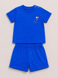 The Nile Luxuries toddler blue short sleeve shirt and shorts set with an embroidered elephant and balloon design.