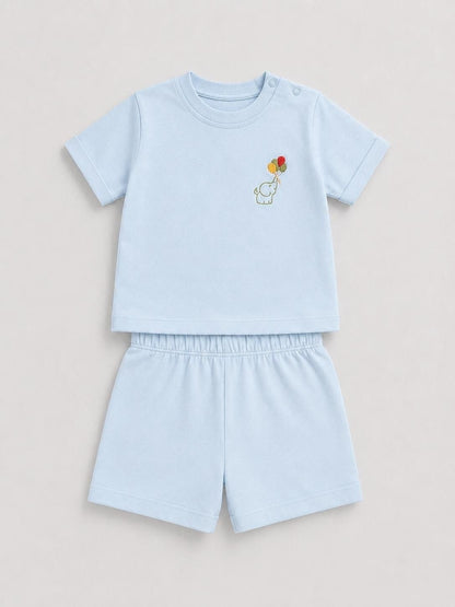 The Nile Luxuries light blue toddler short set with embroidered elephant and balloon design and shoulder snaps.