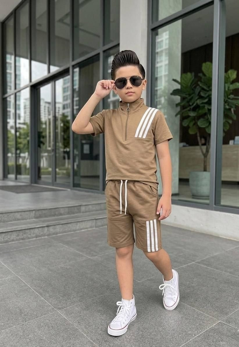 The Nile Luxuries boys tan athletic short set with quarter-zip mock neck, white triple-stripe accents, and drawstring shorts