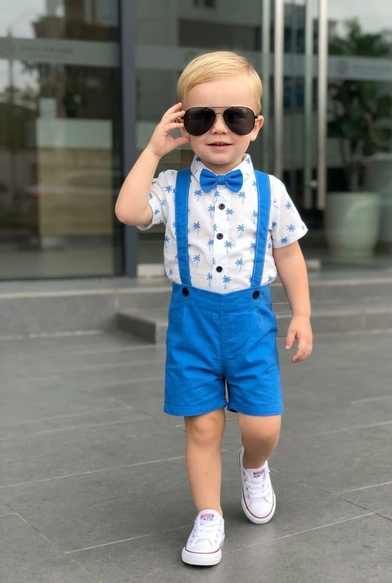 The Nile Luxuries boys blue palm tree print shirt with suspenders and shorts set, complete with bow tie.