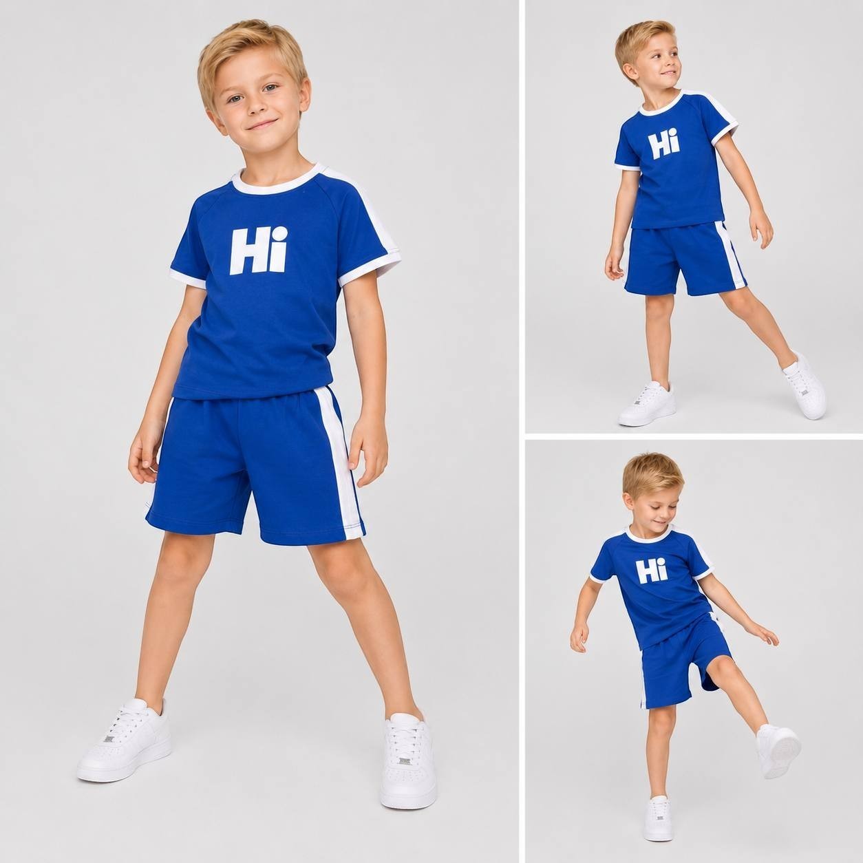 A young boy wearing The Nile Luxuries blue short-sleeve t-shirt and shorts set with white side stripes and Hi graphic.