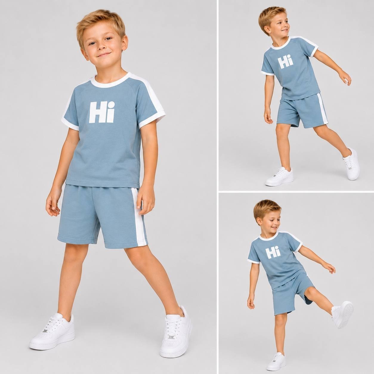 The Nile Luxuries blue short sleeve t-shirt and shorts set with white Hi graphic and side stripes on a young boy.
