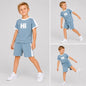 The Nile Luxuries blue short sleeve t-shirt and shorts set with white Hi graphic and side stripes on a young boy.
