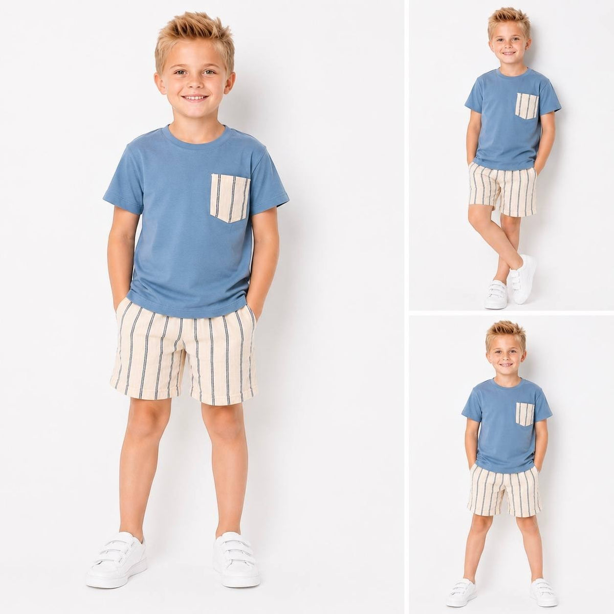 The Nile Luxuries boys blue crew-neck t-shirt with chest pocket and beige striped shorts set on a young boy