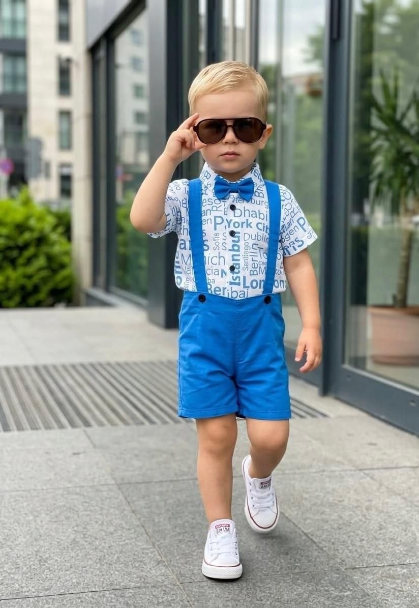 The Nile Luxuries blue short-sleeve shirt and shorts set with suspenders and bow tie for boys.